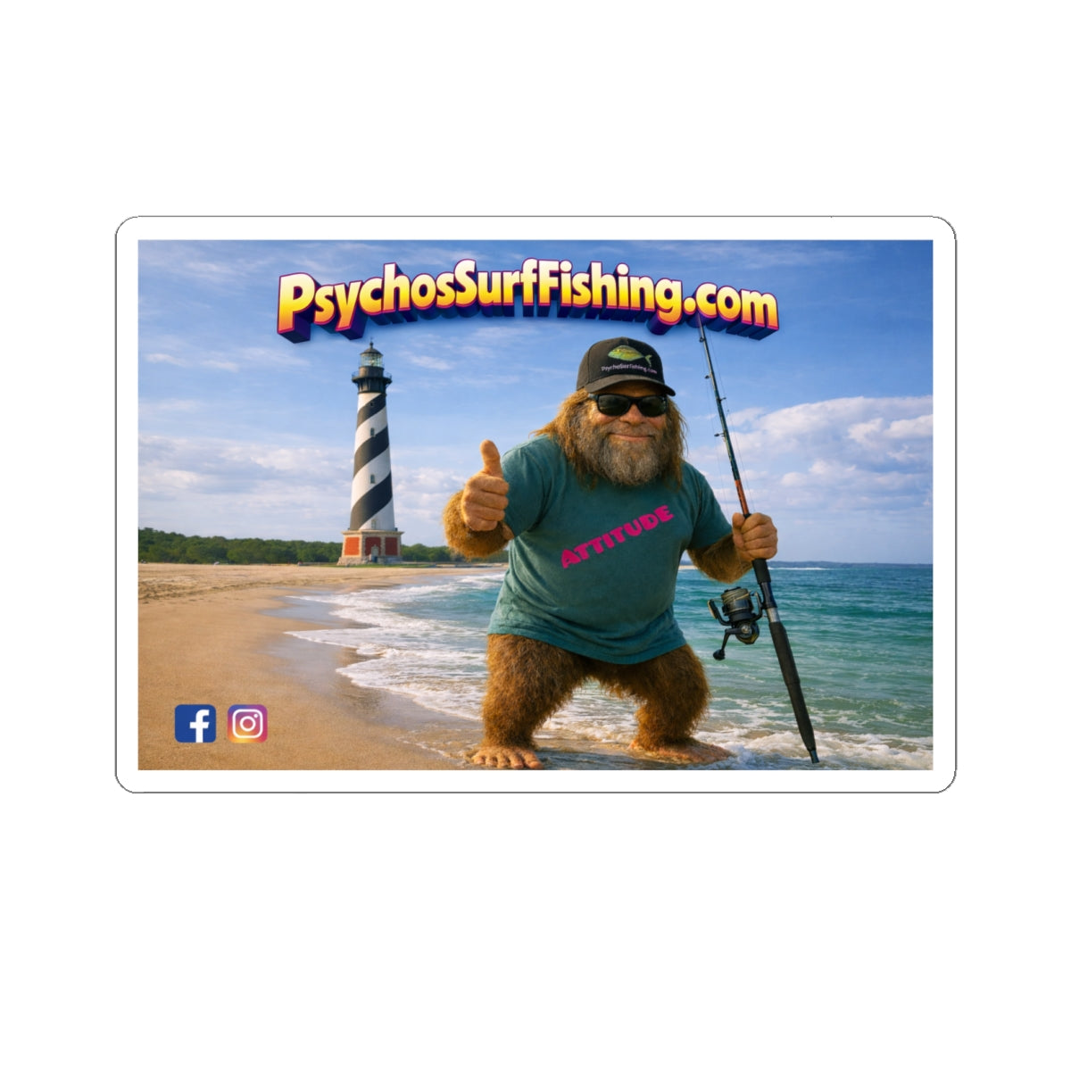 PsychosSurfFishing.com Fishing Mascot Sticker — Beach Fishing Kiss-Cut Decal