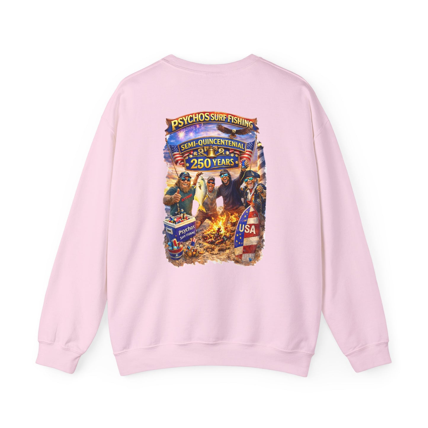 Semi-Quincennial 250 Years Crewneck Sweatshirt — Psychos Surf Fishing Retro USA Design